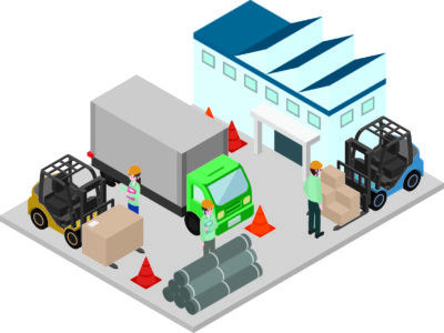 アイソメトリックイラスト・物流倉庫、働く人